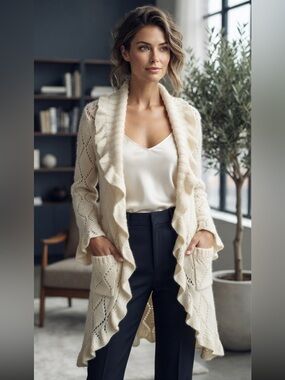 Felicity Cream Pointelle Knit Ruffle Cardigan Sweater Open Front Cottagecore Lrg